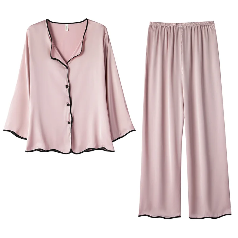 breathable leisure Ice silk pajamas women's sleep long-sleeved fashion casual simple loose suit silk two-piece home clothes