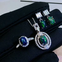 meibapj natural black opal gemstone earrings ring and necklace 3 siut for women real 925 sterling silver wedding jewelry set