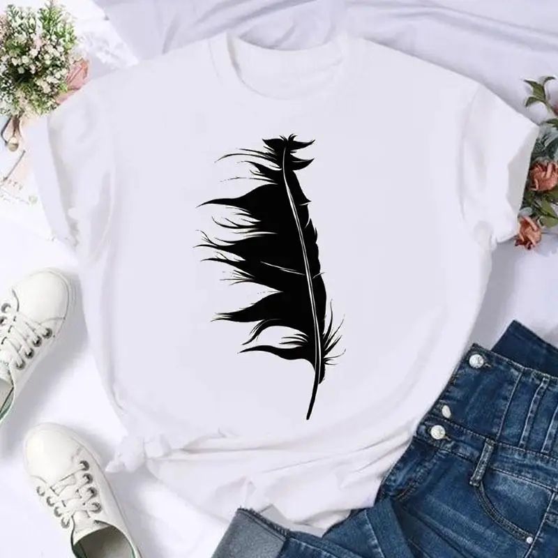 

Short Sleeve Fashion Summer Feather Watercolor Lovely Women Print T Shirt Female Casual Top Tshirts Cartoon Graphic Tee T-Shirt