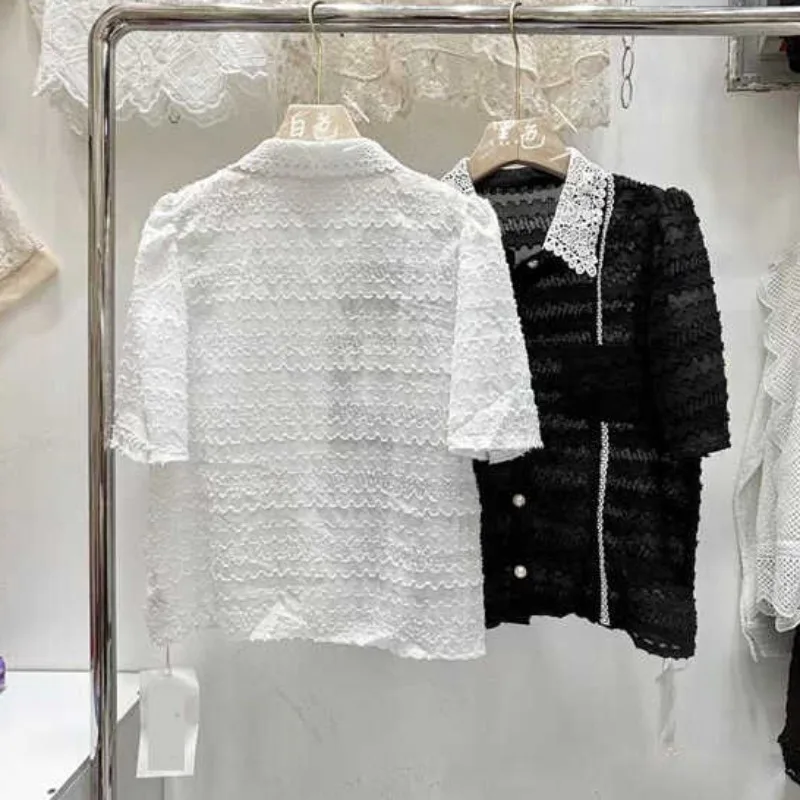 Элегантная винтажная кружевная блузка Neploe с отложным воротником Новинка лета 2024