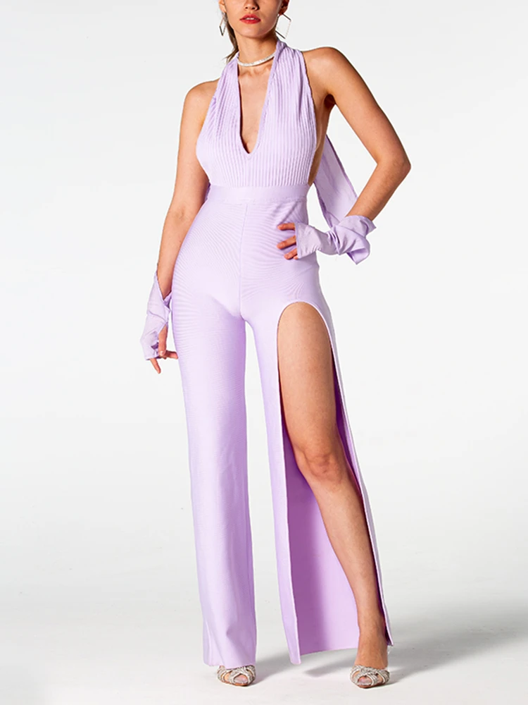 

BEVENCCEL, Новинка лета 2023, женский сексуальный Облегающий комбинезон с открытой спиной и глубоким V-образным вырезом, с высоким разрезом, элегантный женский комбинезон знаменитости