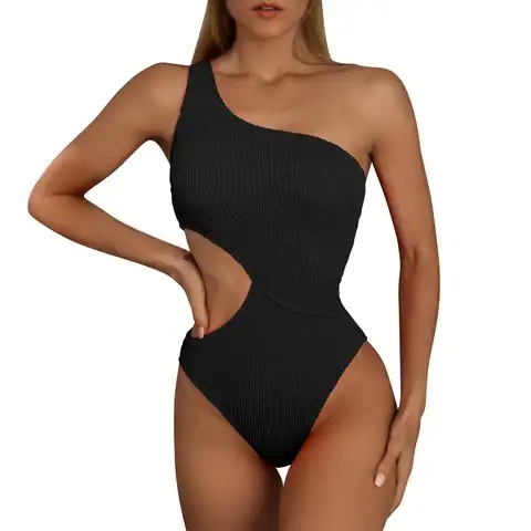 Women's Swimsuit 2023 New Beach Outfits Solid Ruffle Sexy One Shoulder Waist Cutout Swimsuit Swimwear Women 2023 Bikinis Sets