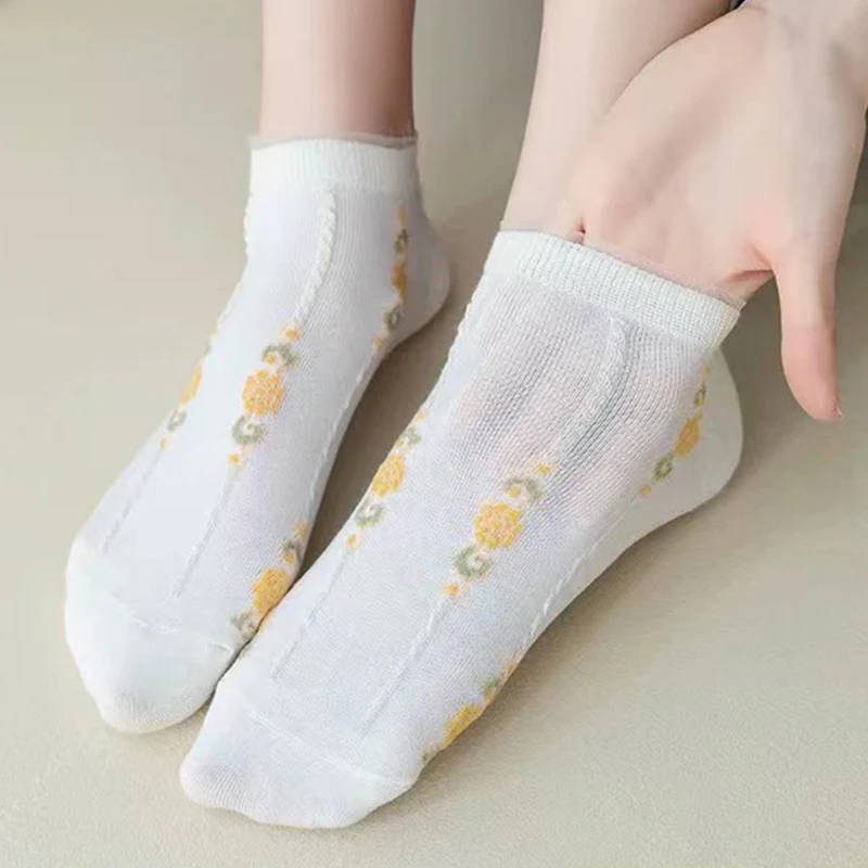 10 Pairs Print White Socks Women Kawaii Summer Short Mesh Transparent Cotton Socks Ankle Happy Fish Net Sexy Thin Calzini Donna