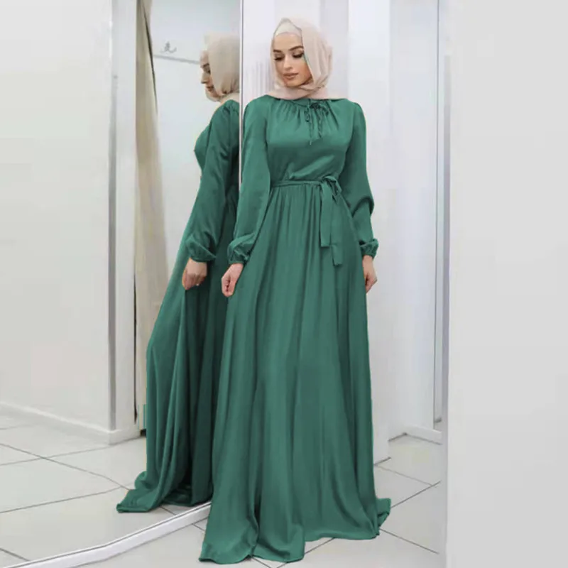 Muslim Abayas For Women 2023 Satin Long Dress Ramadan Belted Dubai Turkey Arabic African Maxi Dresses Islam Clothing Robes Black