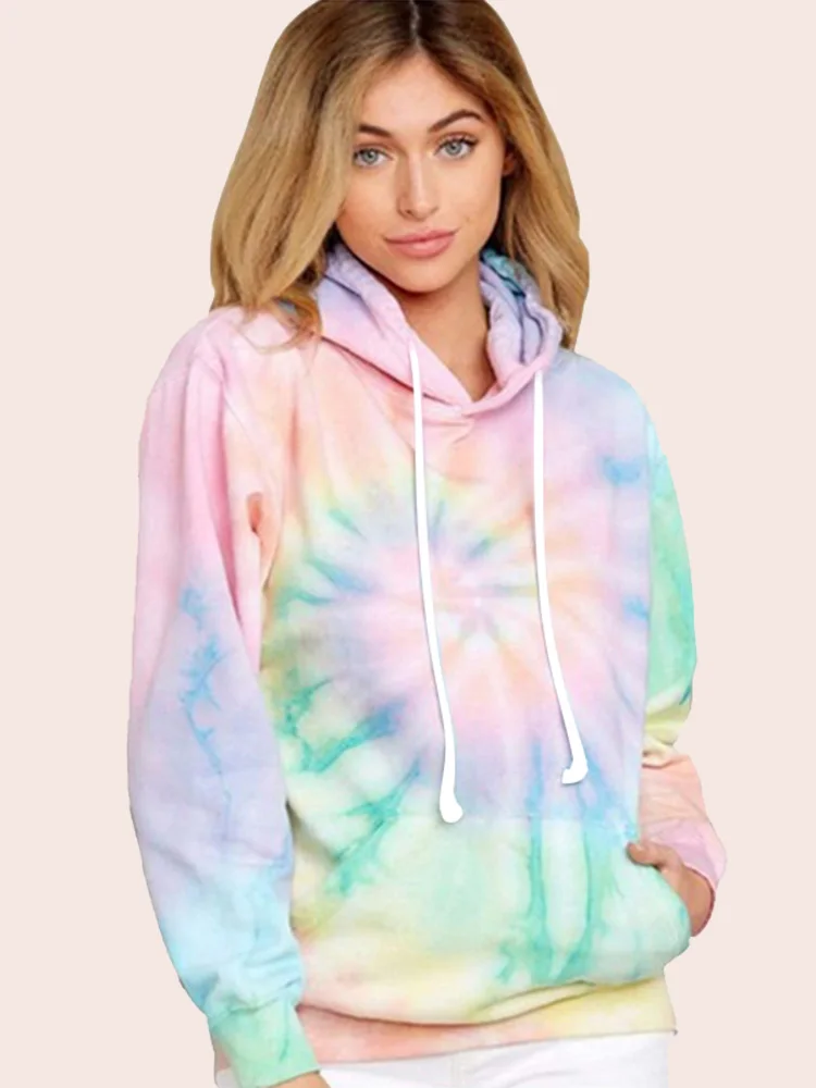 

Толстовка Женская с принтом тай-дай, тонкий Легкий свитшот, модная повседневная Уличная одежда с карманами-кенгуру, спортивный Свободный То...