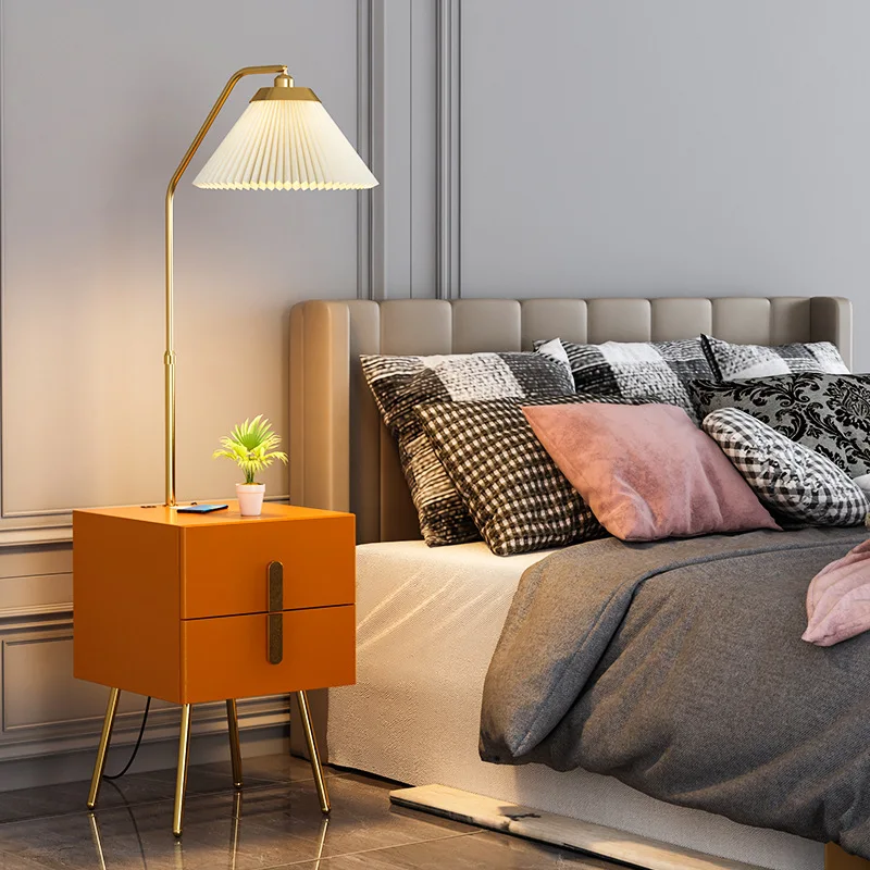 

Scandinavian Pleated Lampshade Floor Lamp Living Room Bedroom Double Drawer Wireless Rechargeable Bedside Led Standing Lamps