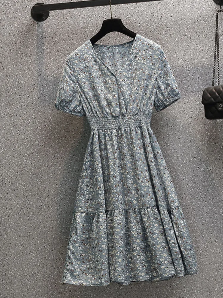 

Oversize V-neck High Waist Dress Women Summer New Floral Short Sleeve V-neck Korean Midi-long Dresses Feminine L-4XL Vestidos