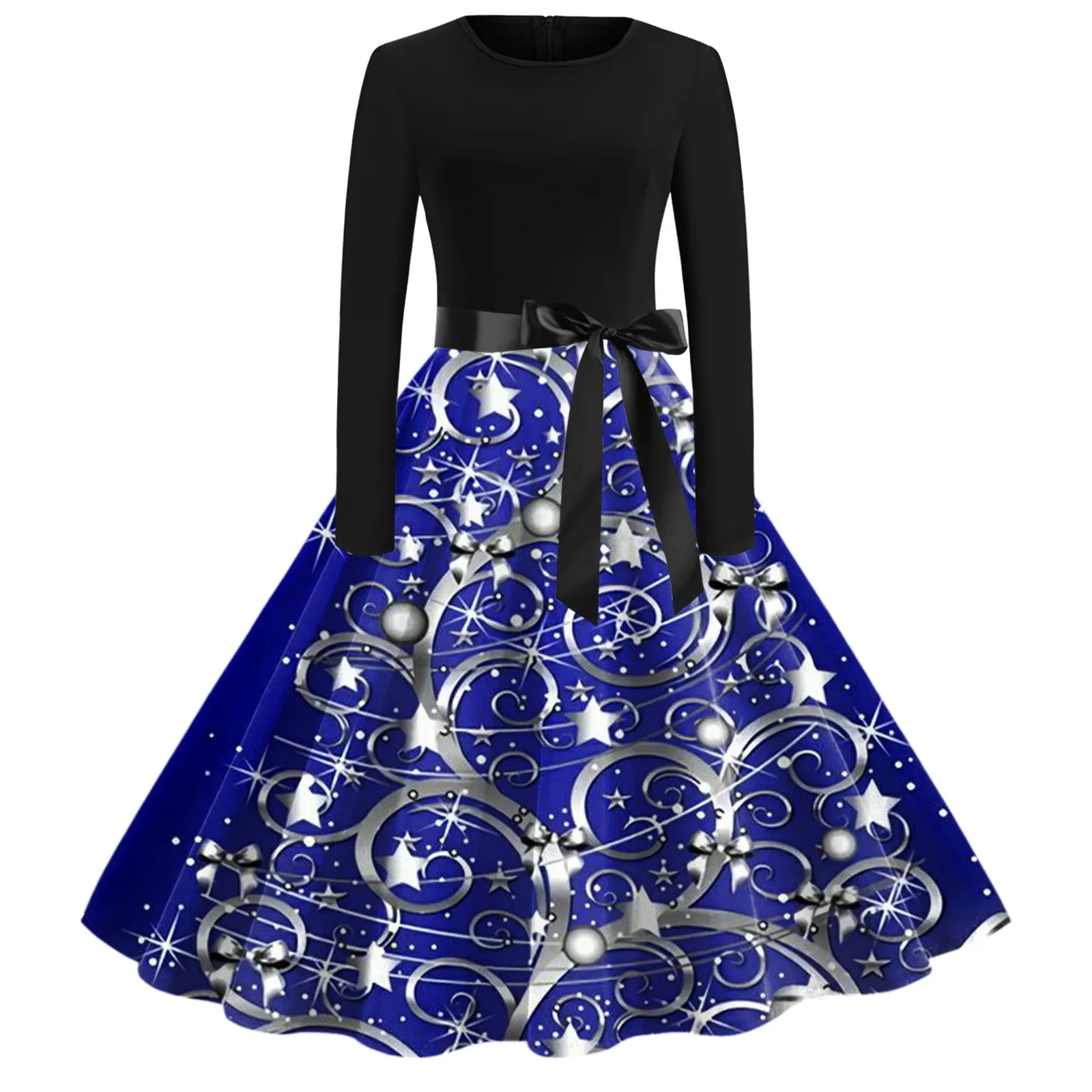 

Женское платье с круглым вырезом, длинным рукавом и пышной юбкой