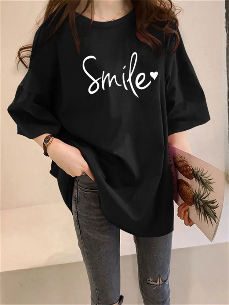 

T Shirt Women Fashion Smile Letter Print Loose 2022 Summer New Korean Casual Students Long Tops O Neck Short Sleeve T Shirts