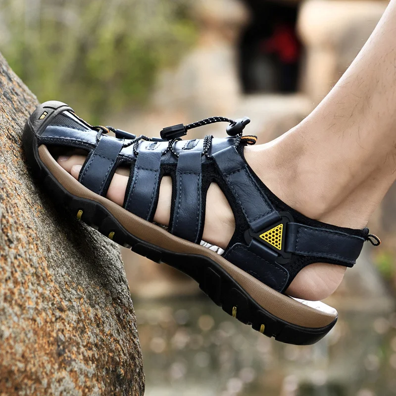 Plus Size 48 Summer Blue Men Leather Sandal Fashion Men's Roma Sandal Comfortable Anti-slip Men Beach Shoes Sandalias Hombre