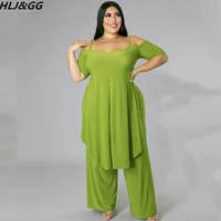 hljgg casual off shoulder short sleeve long tops and wide leg pants two piece sets plus size women clothing tracksuits xl 5xl