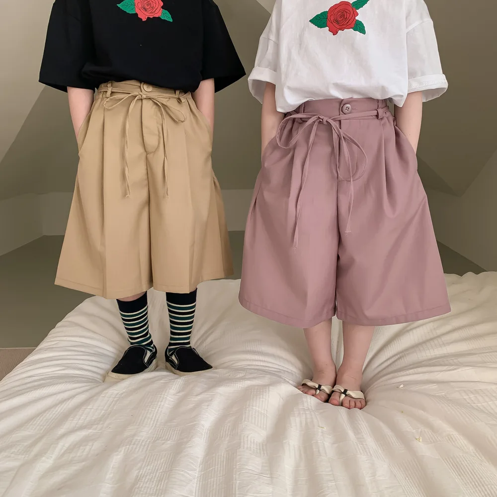 

Children's Pants 2023 Summer Korean Kids Casual Knee Length Boys Girls One Button Wide Leg Pants Toddler Loose Middle Trousers