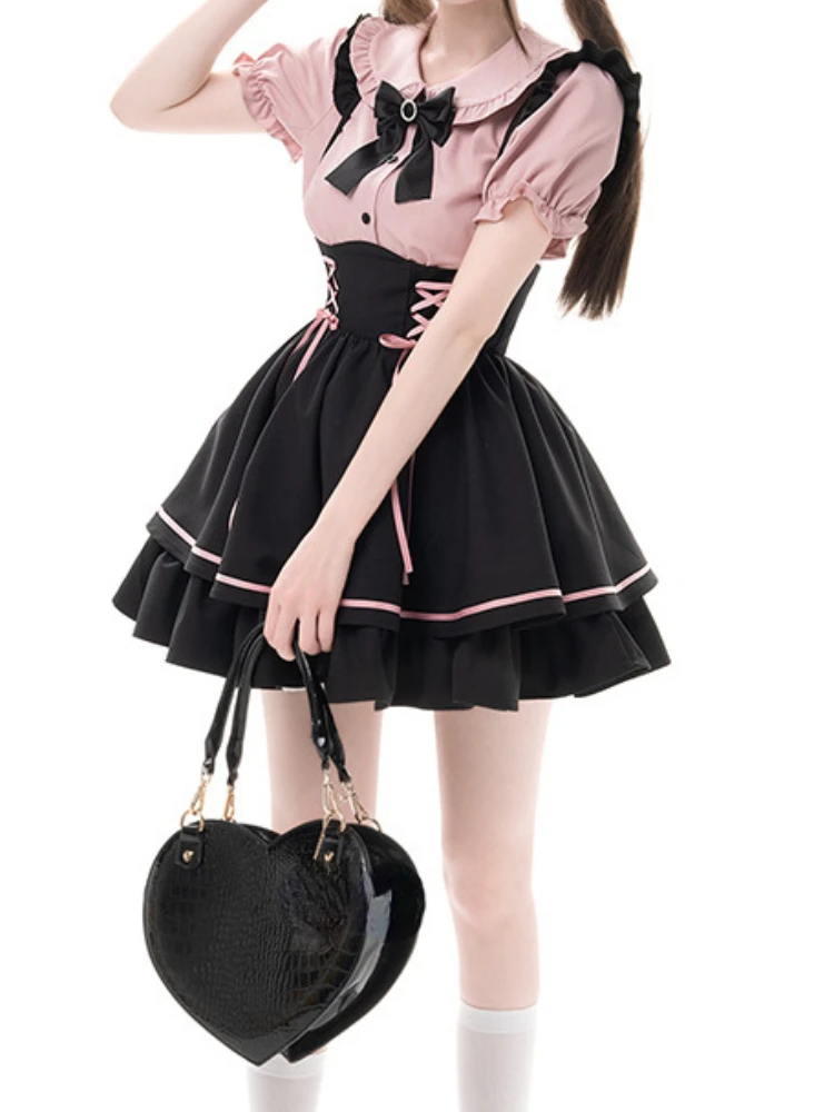 УКОРОЧЕННЫЙ ТОП Y2k с буффами на рукавах блузка бантом Женская японская Милая