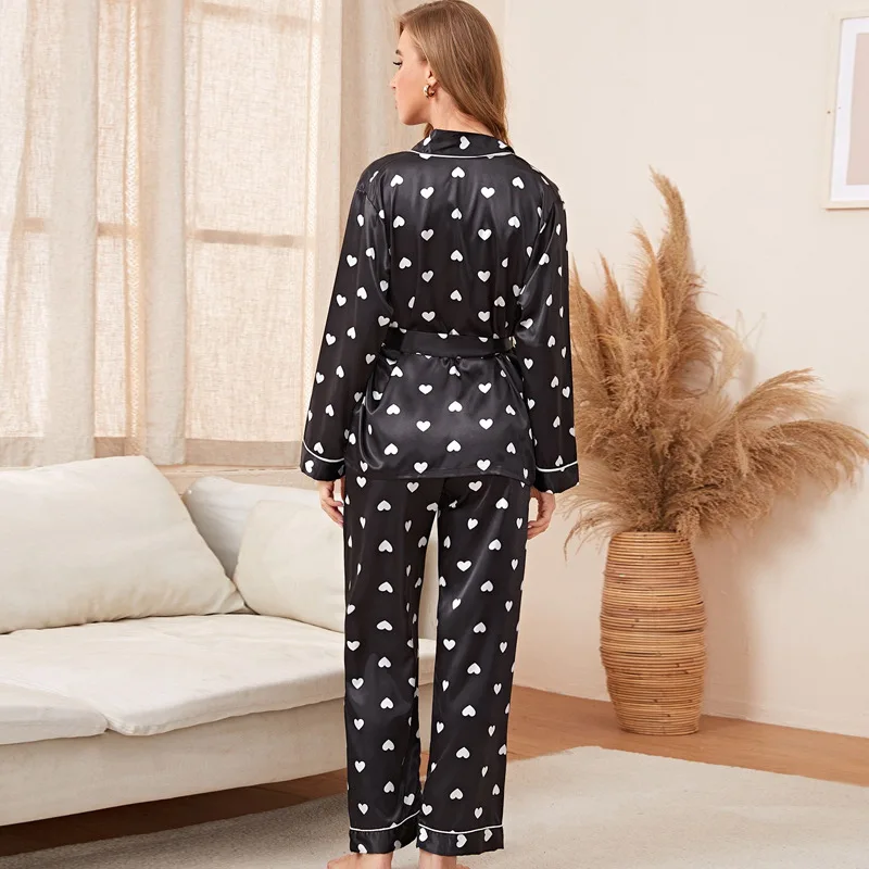 Designer Women Long-Sleeve Sleepwear Suit Heart Shaped Print Silk Satin Pajamas Set Summer Autumn Pyjamas Nightwear with Belt