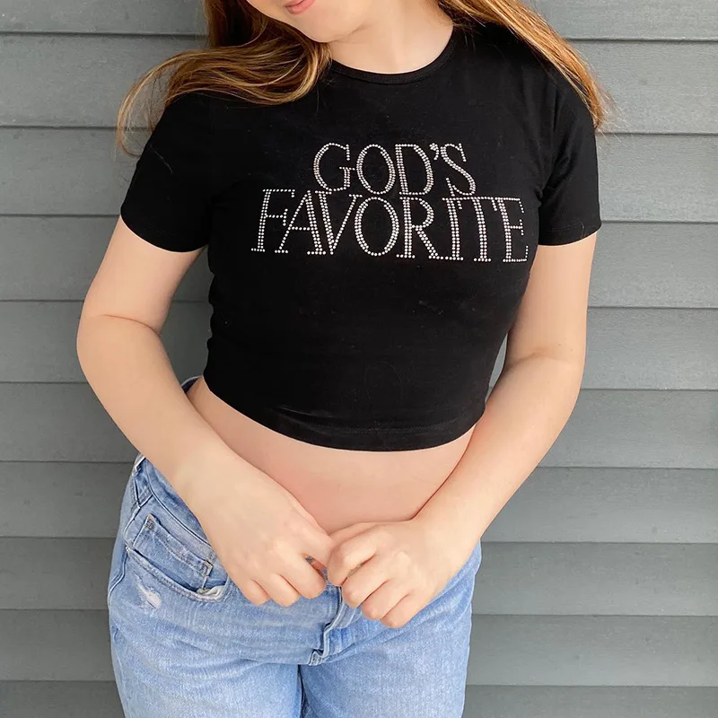 

High Quality 2023 Women T-shirt Rhinestone Design Spring SummerBlouse Sexy Crop Tops Clothes Fashion Bodysuit Tees Y2k Goth