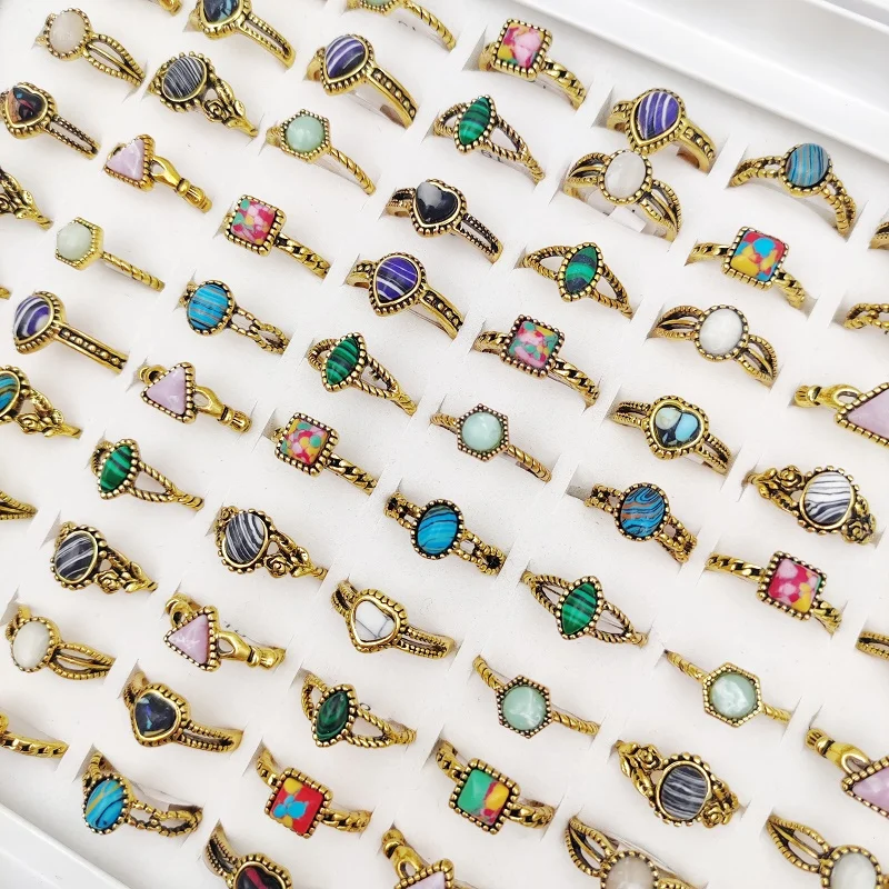 

10/12Pcs/Lot Vintage Stone Ring for Women and Men Bohemian Style Gold Color Finger Ring Charm Jewelry Gift Accessories Wholesale