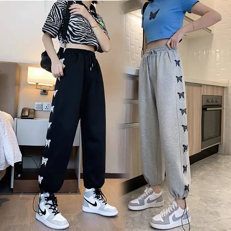 Купи Kids Girls Casual Pants Butterfly Printed Long Trousers New Teenage Girls Wide Leg Pants Black Gray Spring Clothes Kids Clothes за 937 рублей в магазине AliExpress