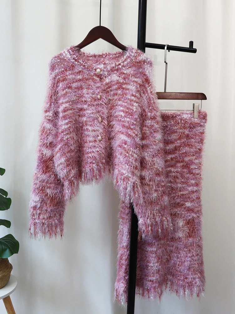 

Sweet Women Knited Contrast 2 Piece Set Single Breasted Sweater Coat+high Waist Tassel Skirt 2023 Autumn Winter New X414