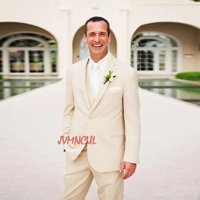 

Summer Beach Khaki Suits for Men Wedding Groom Tuxedo Prom Party Notched Lapel Groomsmen Outfits 3Piece Costume Homme Slim Terno