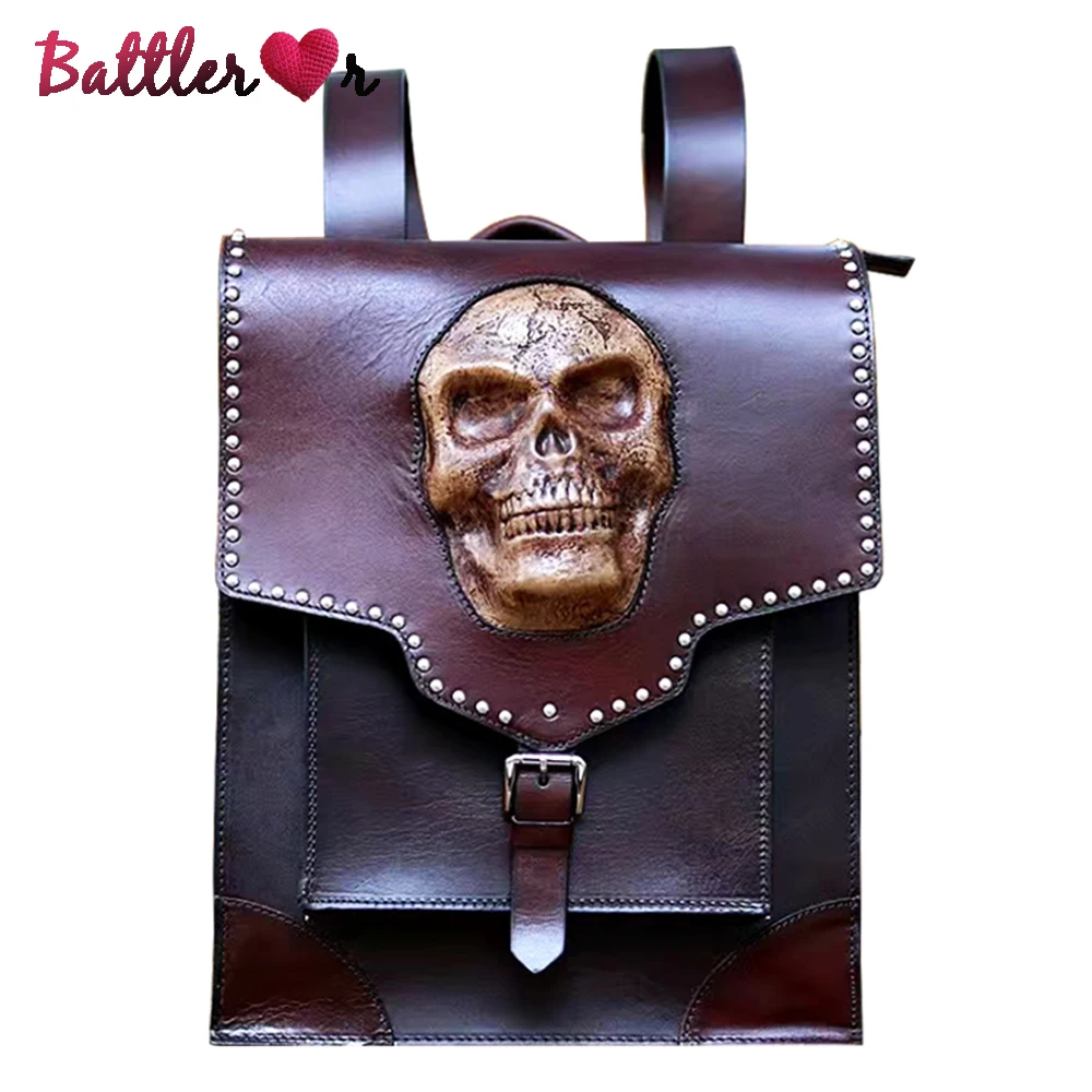 

Unisex Genuine Leather Back Packs Steam Punk Rivet Personality Travel Bagpack 3D Skull Backpacks Laptop Schoolbag For Teenagers
