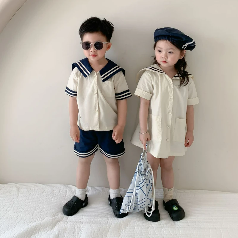 

Костюм для мальчиков и девочек, Модный пуловер с отложным воротником и шорты, милый мультяшный костюм для сестры, синие платья, лето