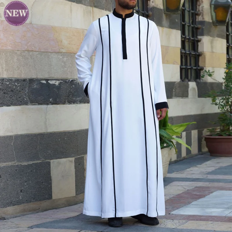 New Style White Muslim Robe Four Seasons Fashion Color Matching Ethnic Style Gentleman Clothes