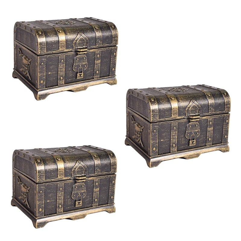 

3X Pirate Treasure Chest Decorative Treasure Chest Keepsake Jewelry Box Plastic Toy Treasure Boxes Large Size Bronze