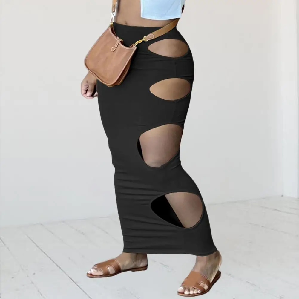 

Breathable Skirt Chic Sexy Women's High Waist Hollow Out Skirts for Spring Fall Slim Fit Ankle Length for Club Party Wear Side