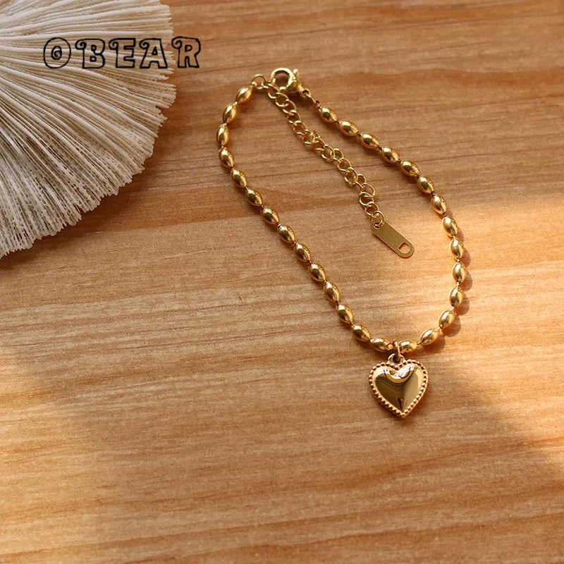 

Korean Fashion Versatile Heart Pendant Bead Chain Stainless Steel Bracelet for Women Waterproof 18K Gold Plated Jewelry