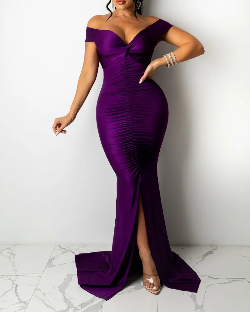 

2022 Women's Summer New Satin Off Shoulder Ruched Split Mermaid Dress Female Elegant Lady Party Dresses