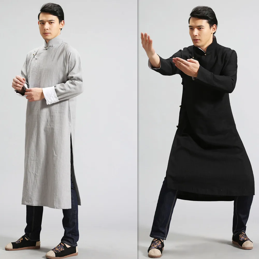 

Mens Linen Jacket Black Long Coat Male Hanfu Chinese Robe Streetwear Thin Tang Suit KungFu Uniform Suit Tai Chi Robe Brass Buckl