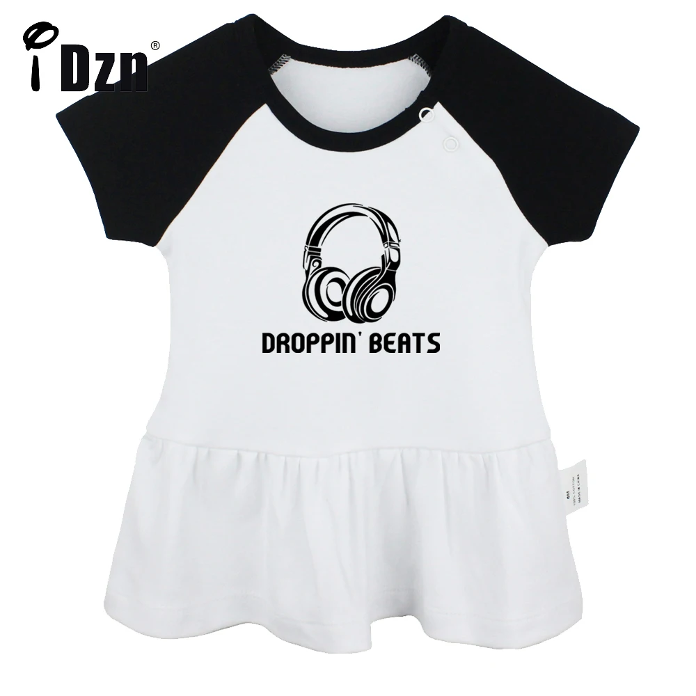 

iDzn Summer NEW Droppin' Beats Earphone Music Baby Girls Cute Short Sleeve Dress Infant Funny Pleated Dress Soft Cotton Dresses