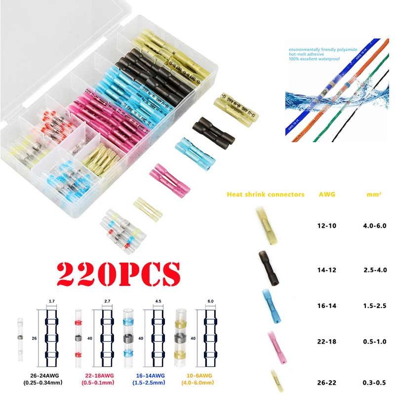 

220PCSInsulated Waterproof Solder Seal Sleeve Heat Shrink Crimp Terminal Electrical Wire Butt Connectors Assorted Kit AWG26-10