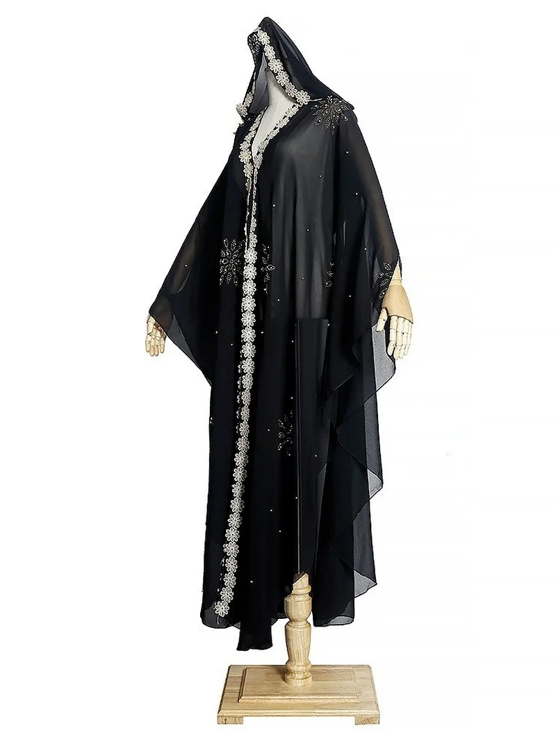 Muslim Abaya Beaded Embroidery Lace Single Row Muslim Dress Hooded Abayas for Women Hot Drilling plus Size Women's Dress