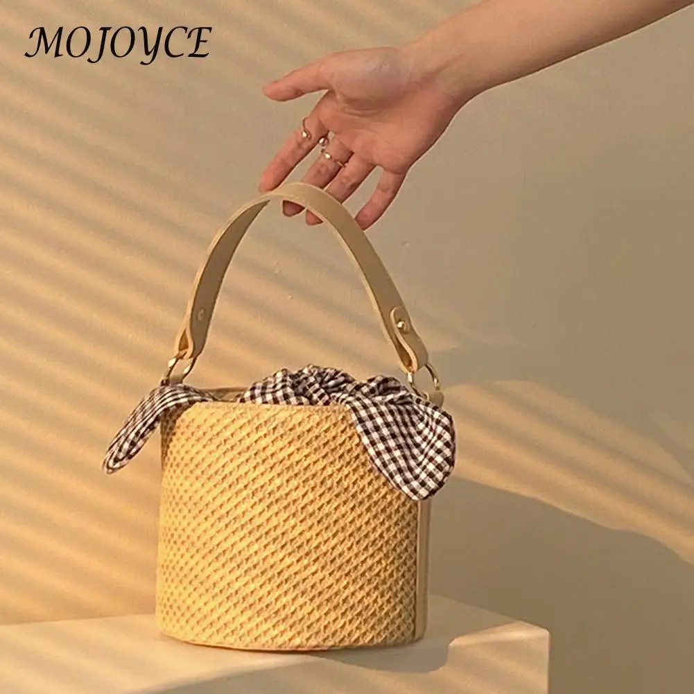 

Women Beach Bag Straw Woven Crossbody Shoulder Bag Plaid Bowknot Bucket Summer Barrel Handbag Purse Simple Ladies Top-Handle Bag