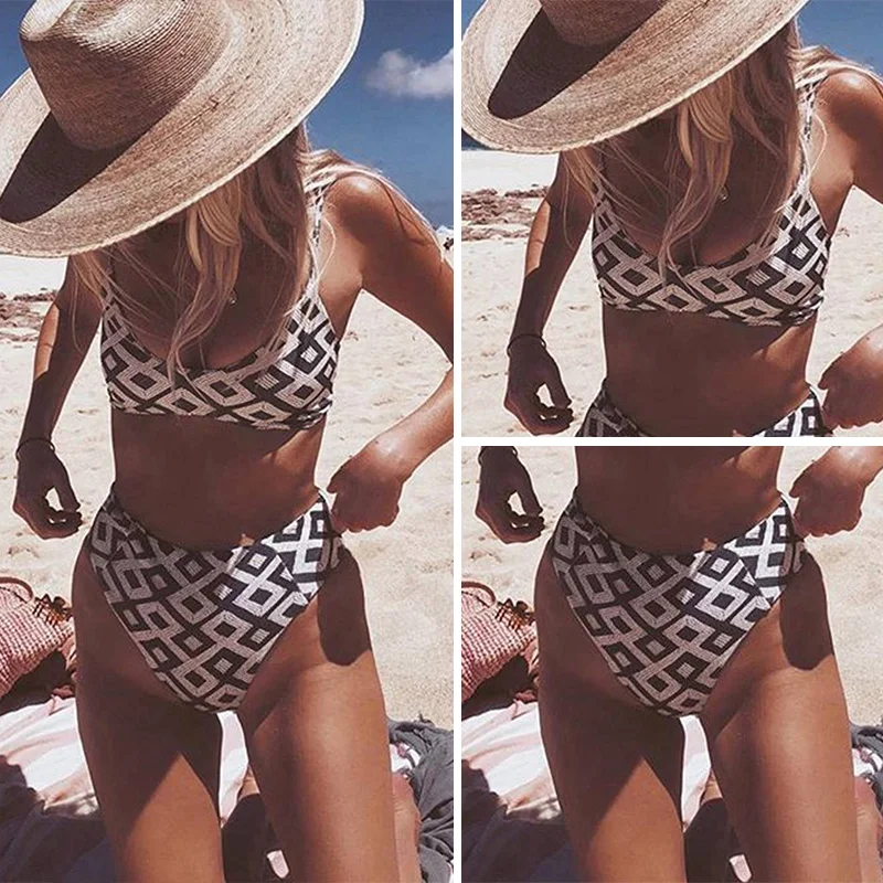 

Ladies Printed Lace-Up Split Swimsuit Stitching Bikini High Waist Sexy Swimsuit Diamond Grid