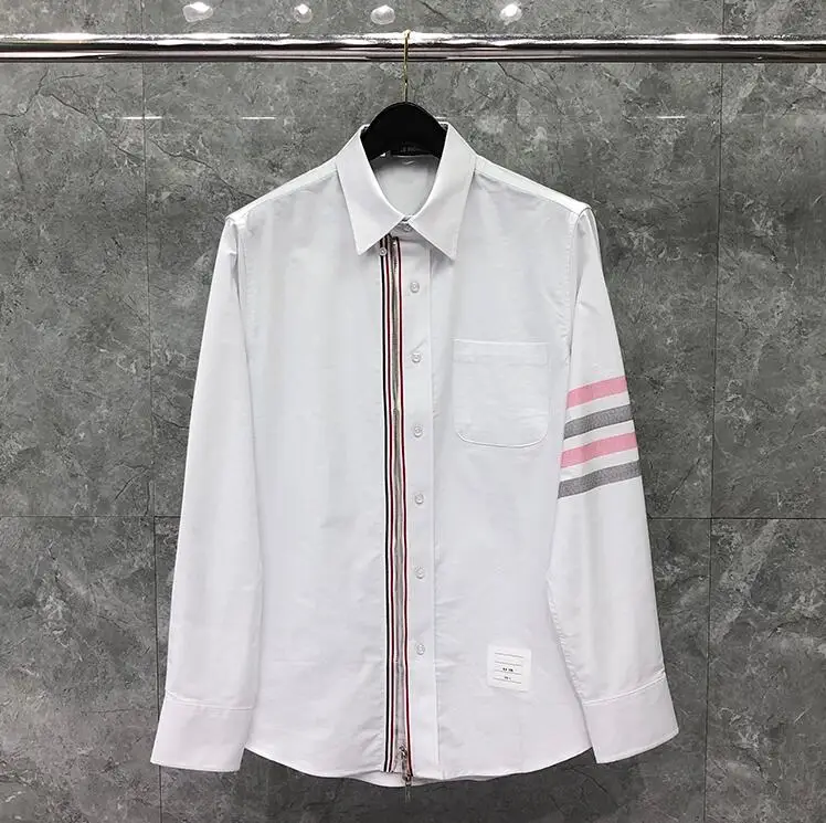 TB Men's Cloth New Shirts Men Slim White Long Sleeve Casual Shirt Zipper Striped Turn Down Collar Oxford Men's Clothing