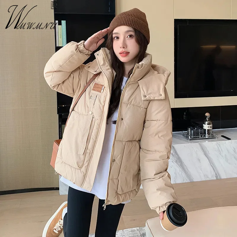 

Casual Khaki Hooded Women's Parkas Stand Collar Thick Cotton Jacket Winter Snow Windproof Short Jaqueta Loose Korean Warm Casaco