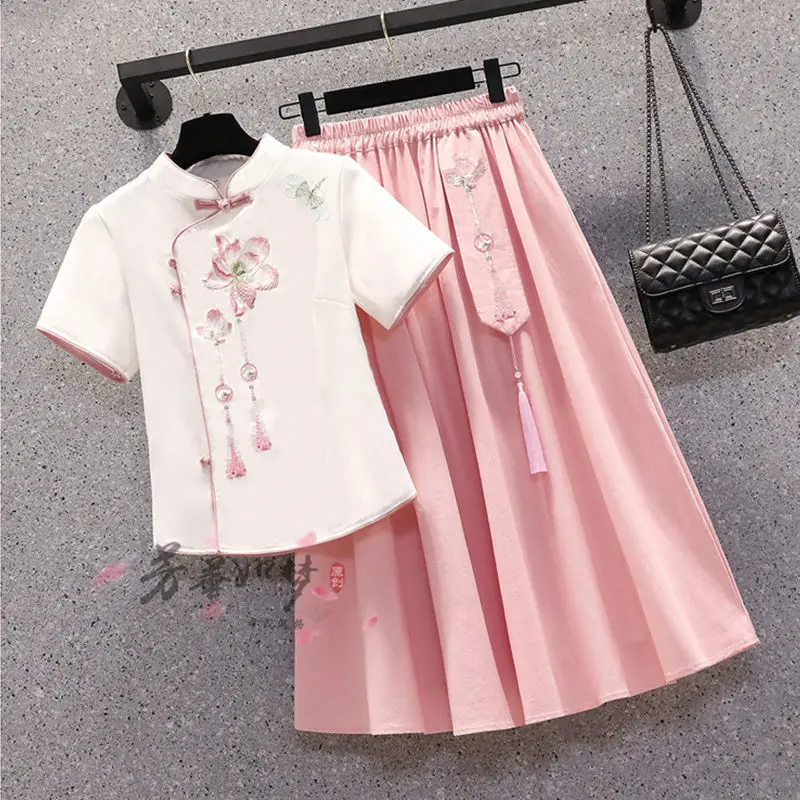 

2022 Summer Hanfu Embroidered Shirt Short Skirt Two Piece Chinese Style Cheongsam Dress Large Size Women's Clothing Costume