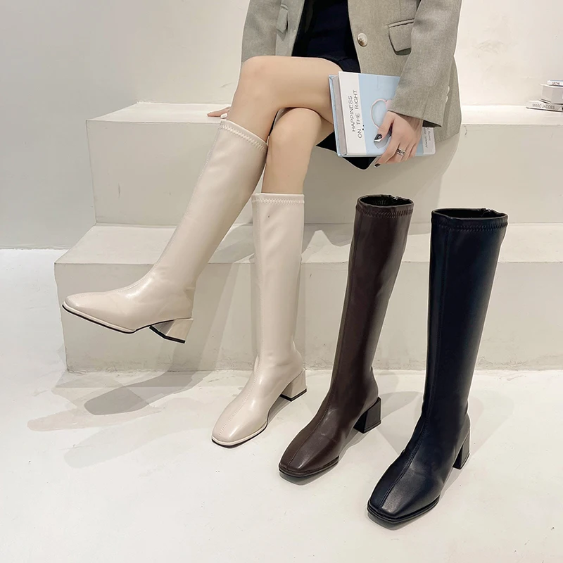 

Женские сапоги на среднем каблуке, женские сапоги на молнии, женские осенние сапоги выше колена на высоком каблуке, с резиновой хлопковой тк...