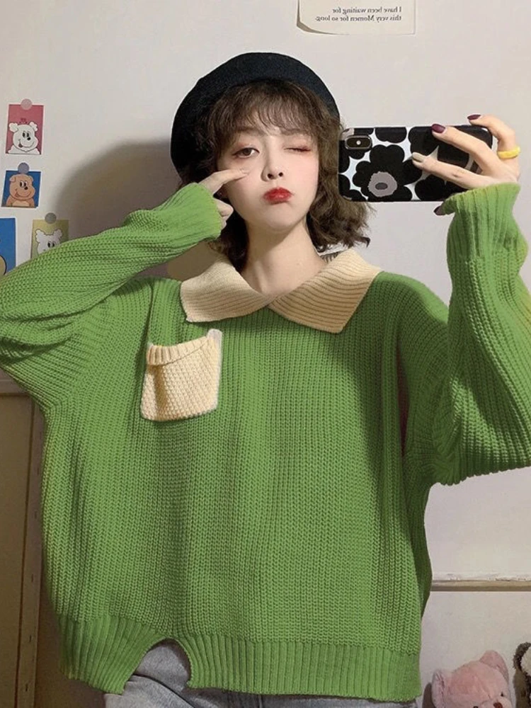 

Spring Autumn Sweaters Turn Down Long Sleeve Pockets Contrast Color Pullovers Japanese Preppy Style Vintage Knitted Tops Women
