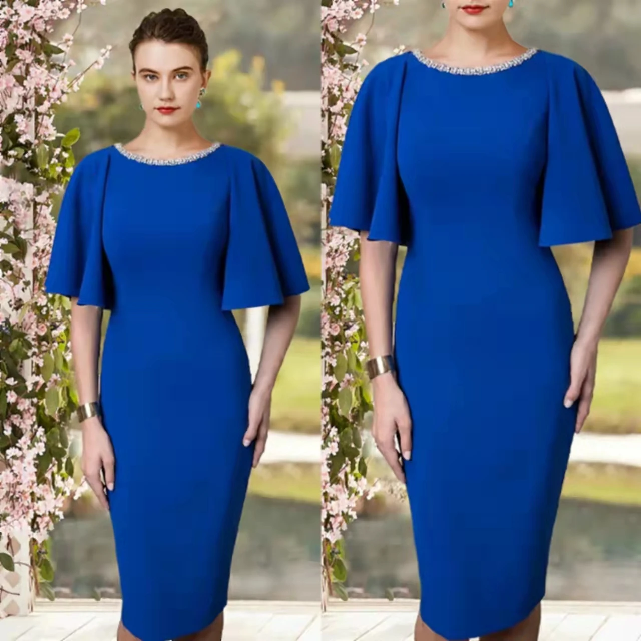 

Элегантное Королевское синее платье-футляр для матери невесты длиной ниже колена, вечернее платье из крепа со складками