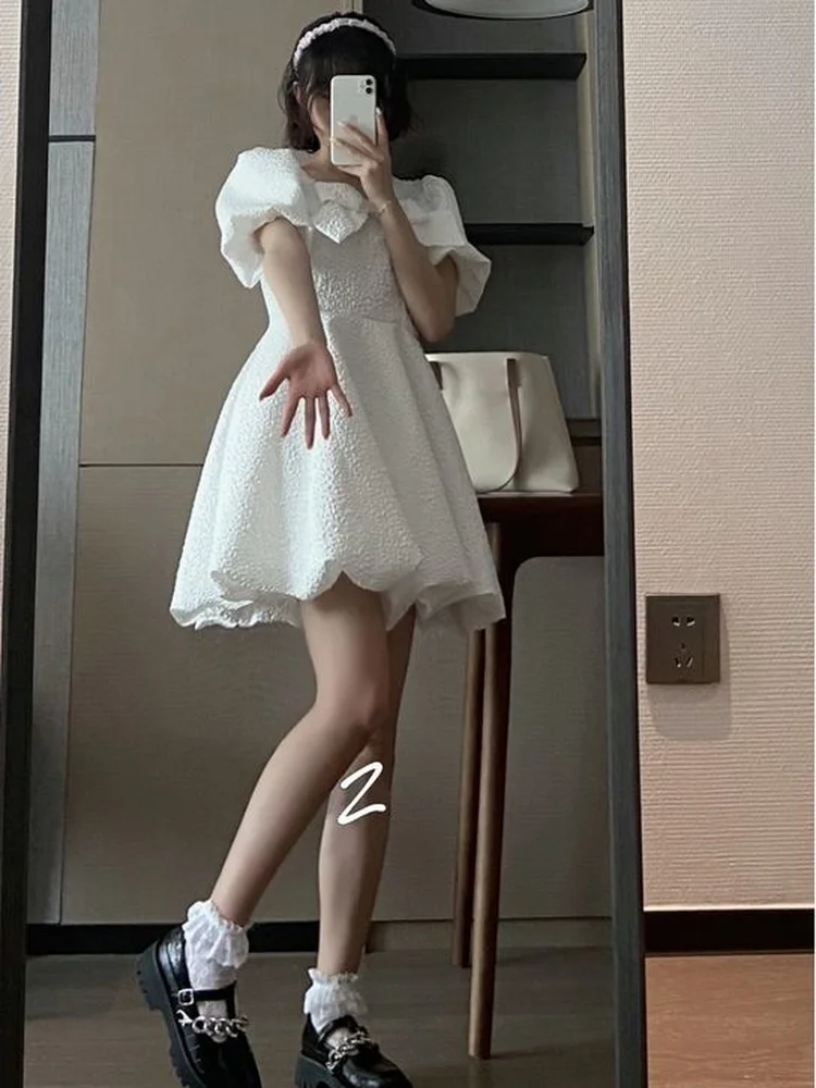

QWEEK Sweet White Fairy Dress Women Mori Casual Wrap Puff Sleeve Short Dresses French Vintage Square Collar 2022 Summer Kpop