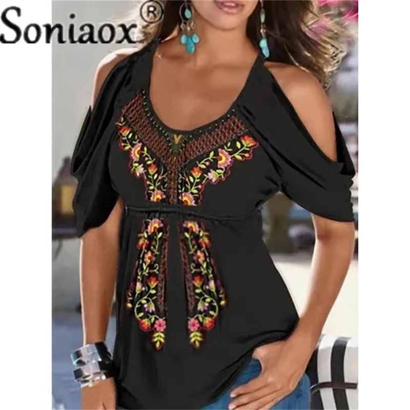 Женская блуза с открытыми плечами V-образным вырезом и коротким рукавом - купить