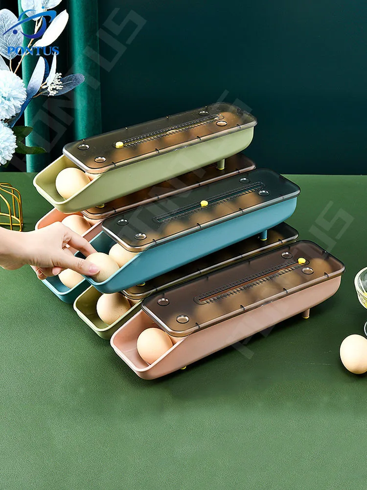 

Automatic Rolling Egg Storage Box Stackable Portable Egg Holder Container Kitchen Fridge Storage Organization Space Saver Tray