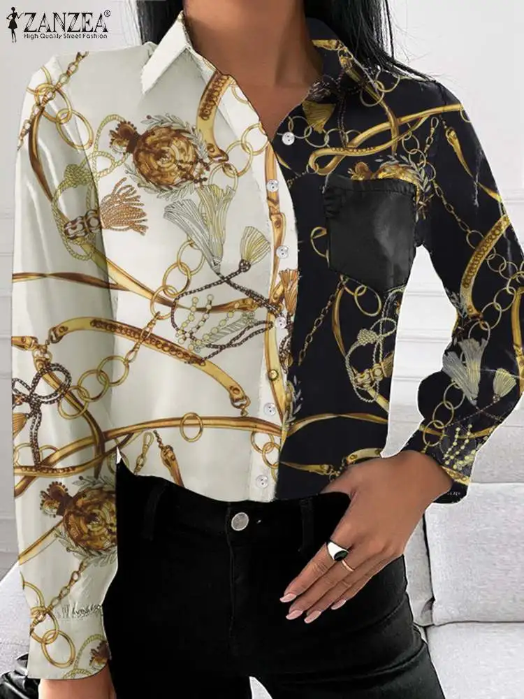 

2023 атласная рубашка с принтом шарфа, женская элегантная рубашка с длинным рукавом и отворотом, пэчворковая Туника ZANZEA, топы, винтажная рубаш...