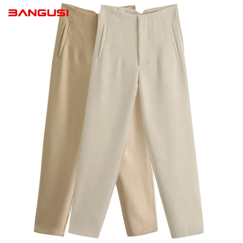 

BANGUSI Za 2022 Women Spring Trousers Suits High Waisted Pant Fashion Office Lady Beige Elegant Casual Famale Stright Pants