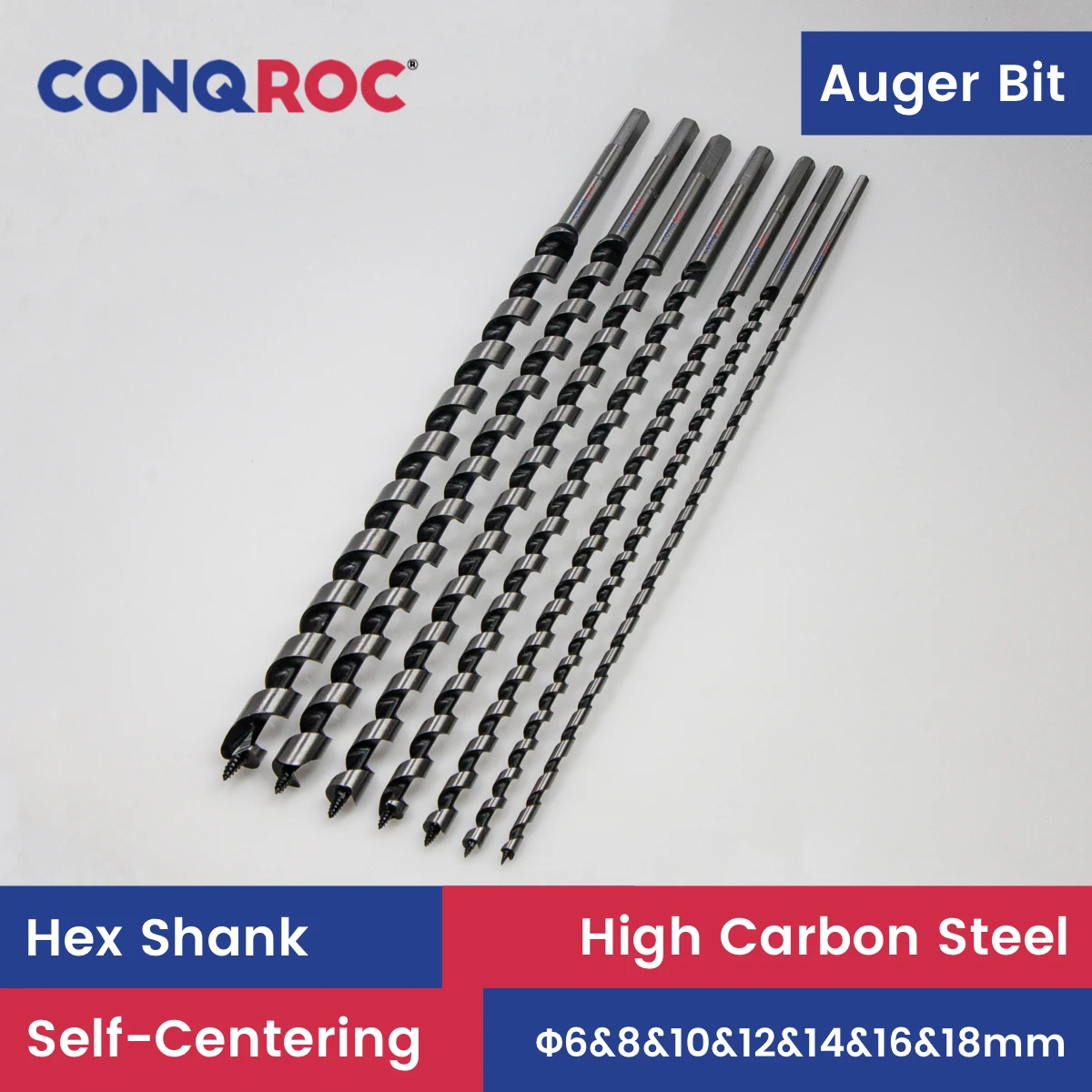 

Long Auger Drill Bits Set Length-460mm Woodworking Self-Centering Pole Bits Kit Hex Shank 7-Piece Diameter-6&8&10&12&14&16&18mm