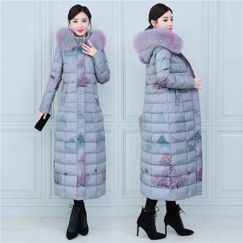 High-end Luxury Down Jacket Women Large Size Printing Fur Collar Thick Long Parkas Female 2022 Winter New White Duck Down Coat