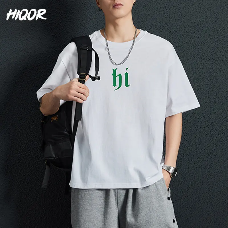 

HIQOR Men 2023 Casual Basic Tshirt Classical Regular Tops 100% Cotton Tees Say Hi Printing Clothing Daily Korean Short Sleeve